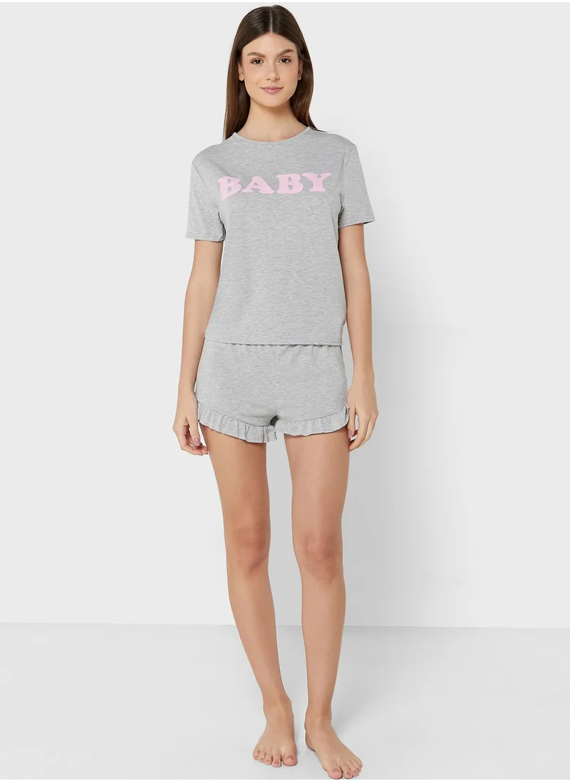 boohoo Crew Neck Graphic Nightdress & Ruffle Hem Pyjama Set