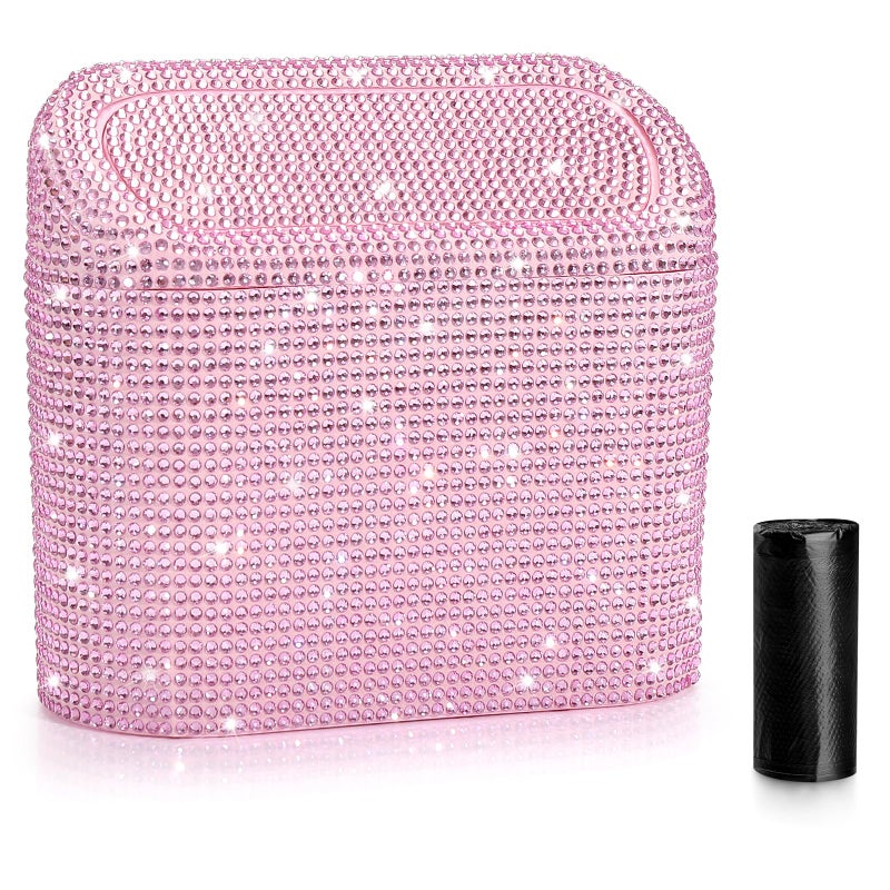 Accmor Bling Car Trash Can with Lid, Leak-Proof Mini Vehicle Trash Bin Automotive Dustbin Organizer Storage, Sparkling Crystal Trash Bag Container with 30pcs Garbage Bags for Car, Home, Office (Pink) - Image 1