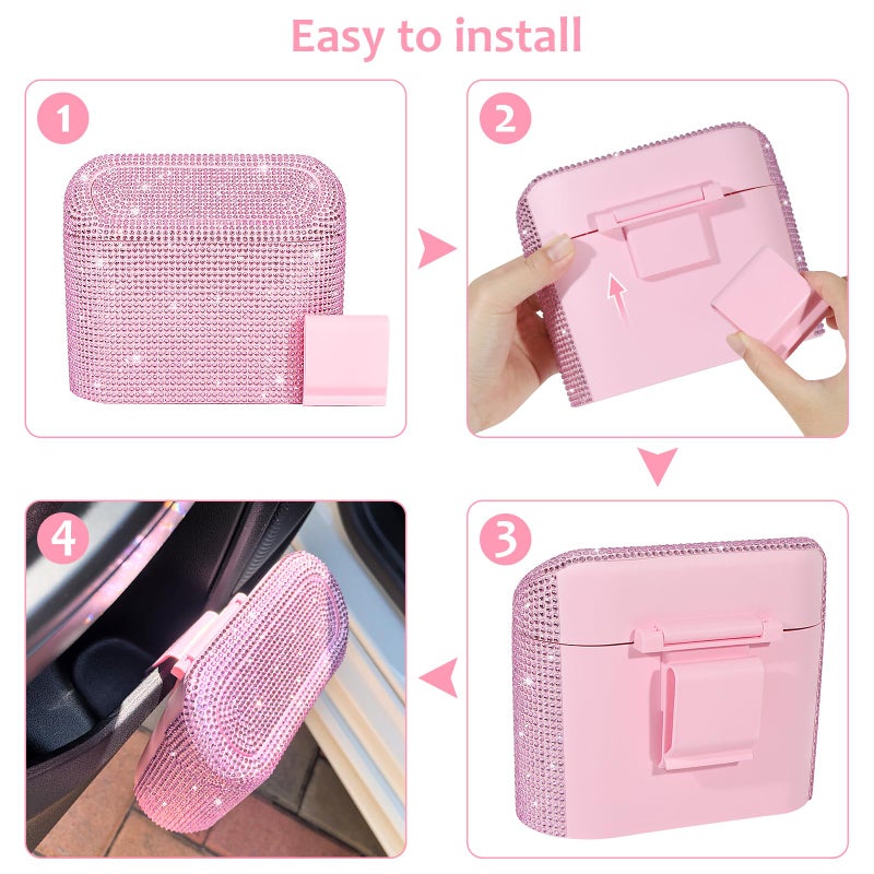 Accmor Bling Car Trash Can with Lid, Leak-Proof Mini Vehicle Trash Bin Automotive Dustbin Organizer Storage, Sparkling Crystal Trash Bag Container with 30pcs Garbage Bags for Car, Home, Office (Pink) - Image 4