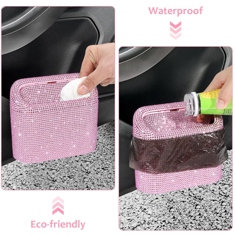 Accmor Bling Car Trash Can with Lid, Leak-Proof Mini Vehicle Trash Bin Automotive Dustbin Organizer Storage, Sparkling Crystal Trash Bag Container with 30pcs Garbage Bags for Car, Home, Office (Pink) - Image 5