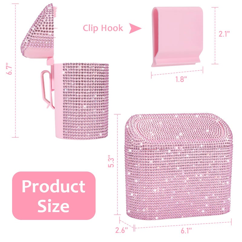Accmor Bling Car Trash Can with Lid, Leak-Proof Mini Vehicle Trash Bin Automotive Dustbin Organizer Storage, Sparkling Crystal Trash Bag Container with 30pcs Garbage Bags for Car, Home, Office (Pink) - Image 2