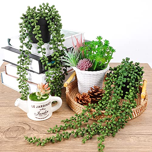 FUNARTY 2pcs Fake Plants Indoor Artificial String of Pearls Plant in Black Pots, Realistic Green Fake Hanging Plants for Shelf Decor Desk Home Garden Decorations - Image 3