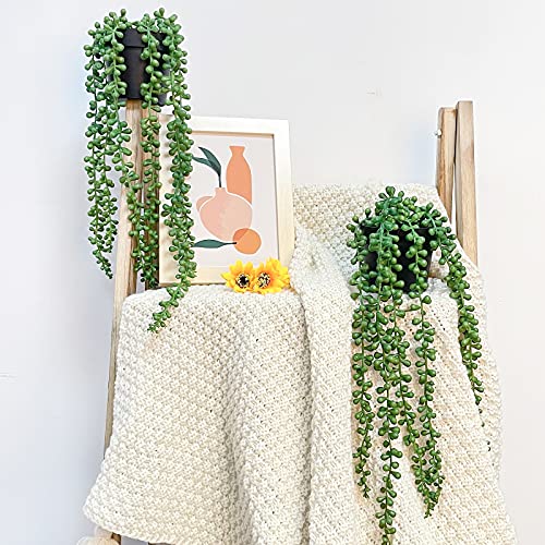 FUNARTY 2pcs Fake Plants Indoor Artificial String of Pearls Plant in Black Pots, Realistic Green Fake Hanging Plants for Shelf Decor Desk Home Garden Decorations - Image 5