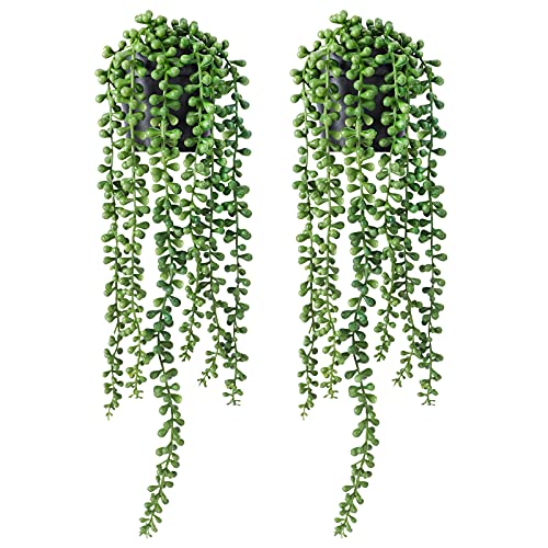 FUNARTY 2pcs Fake Plants Indoor Artificial String of Pearls Plant in Black Pots, Realistic Green Fake Hanging Plants for Shelf Decor Desk Home Garden Decorations - Image 1