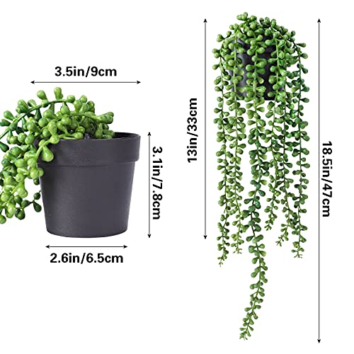 FUNARTY 2pcs Fake Plants Indoor Artificial String of Pearls Plant in Black Pots, Realistic Green Fake Hanging Plants for Shelf Decor Desk Home Garden Decorations - Image 2