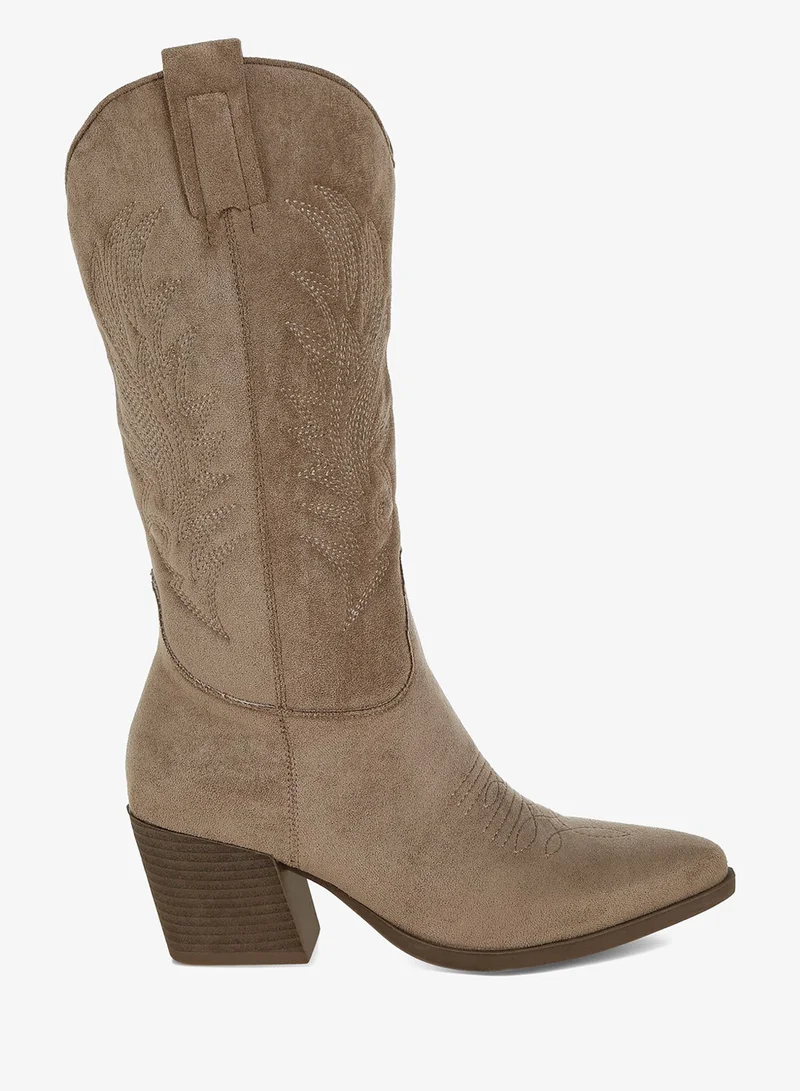 London Rag Women's Microfiber Long Cowboy Boots in Taupe
