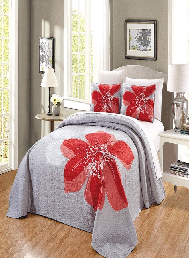 Grand Linen GrandLinen - 3-Piece Fine Printed Oversize (115 X 95) Quilt Set Reversible Bedspread Coverlet King Size Bed Cover (Coral Orange, Grey, White Hibiscus Floral)