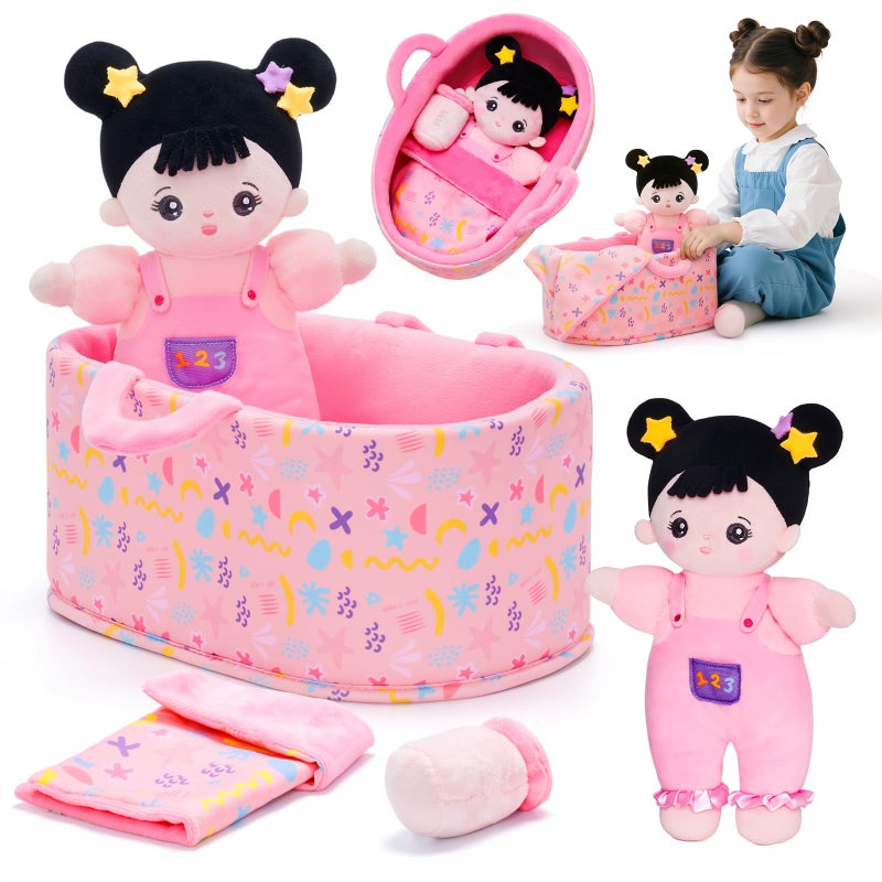 OUOZZZ 10 Soft Baby Doll Set with Plush Doll Bassinet Blanket and Bottle Pretend Playset for Emotional Social Education Asian Doll for 2 Year Olds Girls Perfect Birthday Toy - Image 2