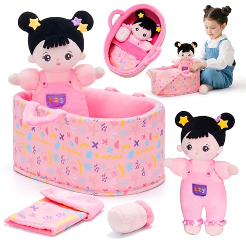 OUOZZZ 10 Soft Baby Doll Set with Plush Doll Bassinet Blanket and Bottle Pretend Playset for Emotional Social Education Asian Doll for 2 Year Olds Girls Perfect Birthday Toy - Image 1