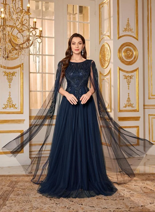Supgir Navy Blue Embellished Mesh Cape A-Line Maxi Evening Dress
