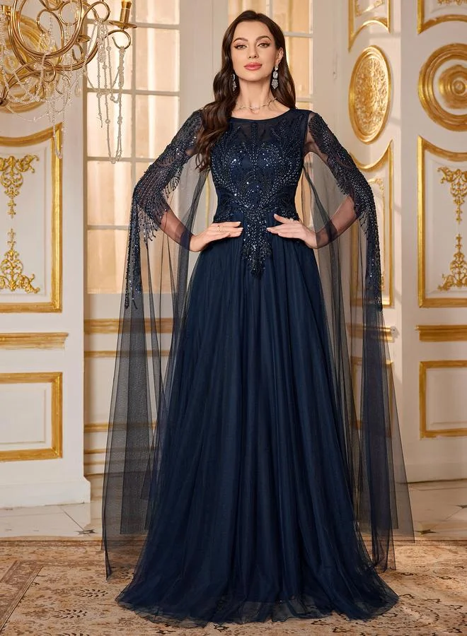 Supgir Navy Blue Embellished Mesh Cape A-Line Maxi Evening Dress