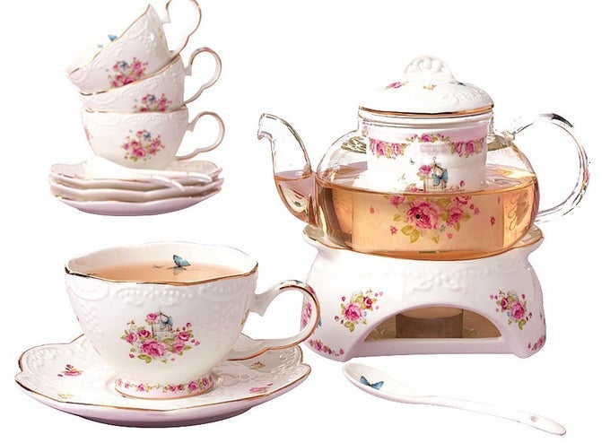 VINTAGE PORCELAIN FLOWER SERIES TEA SETS TEA CUP SAUCER SET WITH TEAPOT WARMER FILTER AND SPOON 16PCS IN 1 SET 16PCS SET