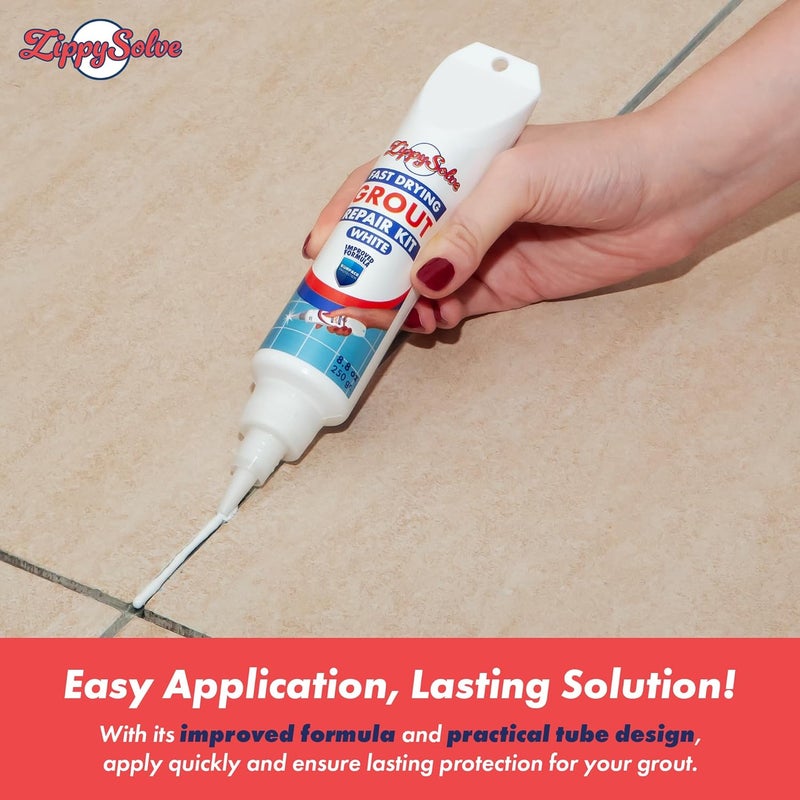 ZippySolve Tile Grout, Repair Kit, Restore & Renew Tile Joints Line, Fast Drying Grout Paint Squeeze Tube for Bathroom Shower Kitchen Floor, Waterproof (8.8 oz, White) - Image 4