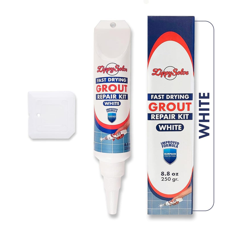 ZippySolve Tile Grout, Repair Kit, Restore & Renew Tile Joints Line, Fast Drying Grout Paint Squeeze Tube for Bathroom Shower Kitchen Floor, Waterproof (8.8 oz, White) - Image 1