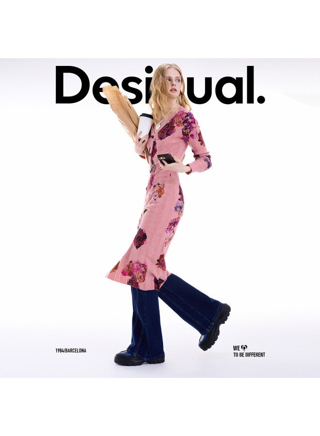 DESIGUAL Autumn/Winter Slim-Fit Printed Front Slit V-Neck Long Sleeve Pink Long Dress - Image 2