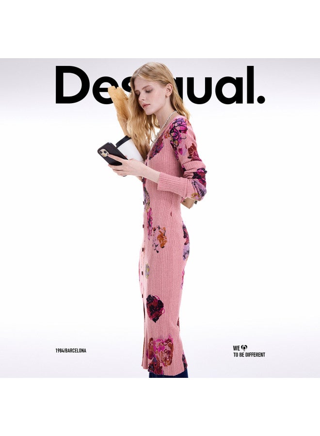 DESIGUAL Autumn/Winter Slim-Fit Printed Front Slit V-Neck Long Sleeve Pink Long Dress - Image 4