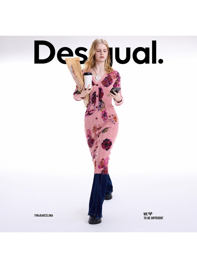 DESIGUAL Autumn/Winter Slim-Fit Printed Front Slit V-Neck Long Sleeve Pink Long Dress - Image 5