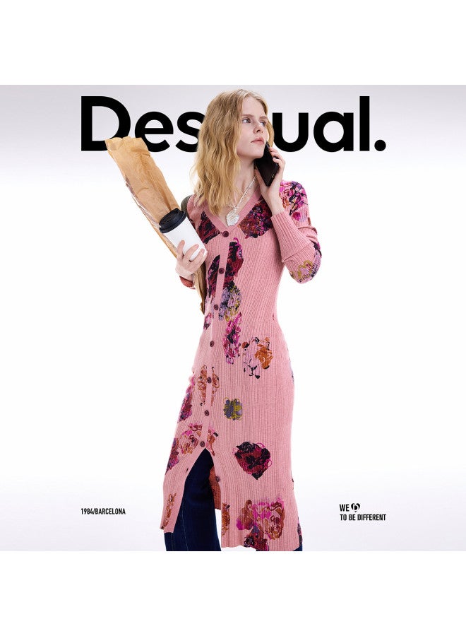 DESIGUAL Autumn/Winter Slim-Fit Printed Front Slit V-Neck Long Sleeve Pink Long Dress - Image 3