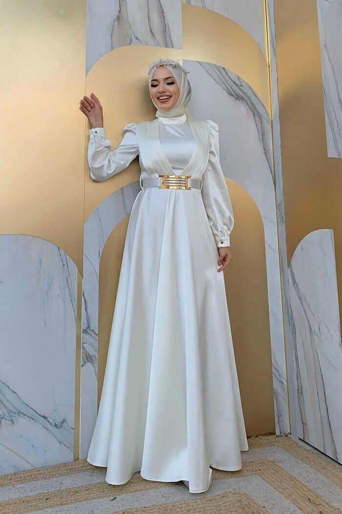 Bym Fashion Bym Chest Part Layer Stripe Detail Waist Belt Accessory Evening Dress 3792 Ecru - Image 3