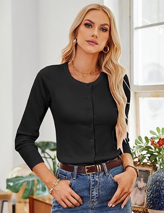GRACE KARIN Black Cardigan for Women Button Up Long Sleeve Crew Neck Soft Knit Cardigan Sweater (M,Black) - Image 2