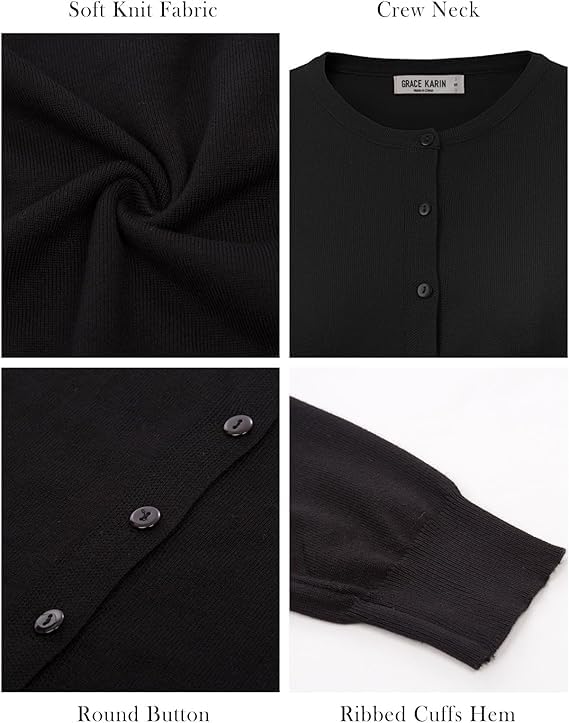 GRACE KARIN Black Cardigan for Women Button Up Long Sleeve Crew Neck Soft Knit Cardigan Sweater (M,Black) - Image 5