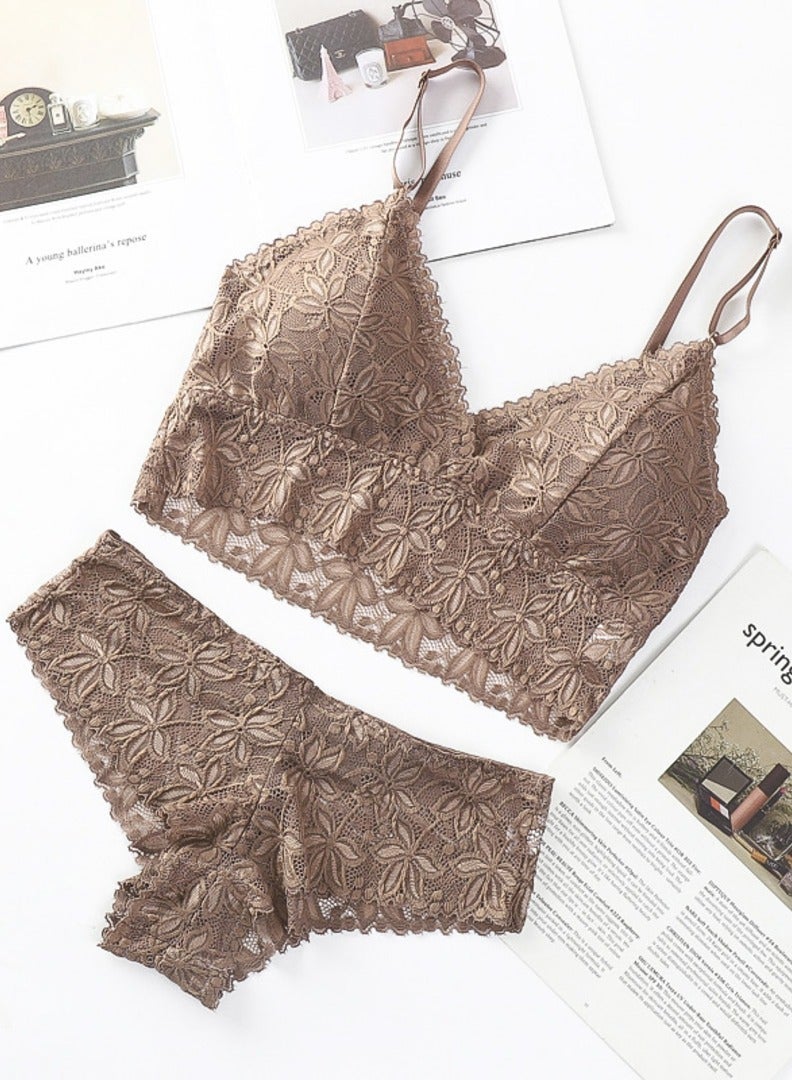 Brown Lace-Trimmed Bikini Set - Two Pieces 