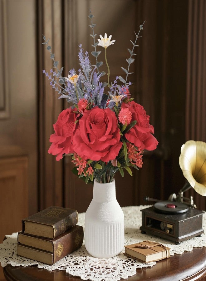 HEMYLU Artificial Flowers in Vase, Silk Roses Flowers Artificial Eucalyptus Lavenders Small Daisies and Fake Plants in White Ceramic Vase, Floral Centerpieces for Tables, Faux Flowers for Coffee Table Décor - Image 2