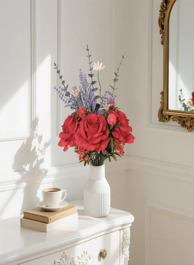 HEMYLU Artificial Flowers in Vase, Silk Roses Flowers Artificial Eucalyptus Lavenders Small Daisies and Fake Plants in White Ceramic Vase, Floral Centerpieces for Tables, Faux Flowers for Coffee Table Décor - Image 5