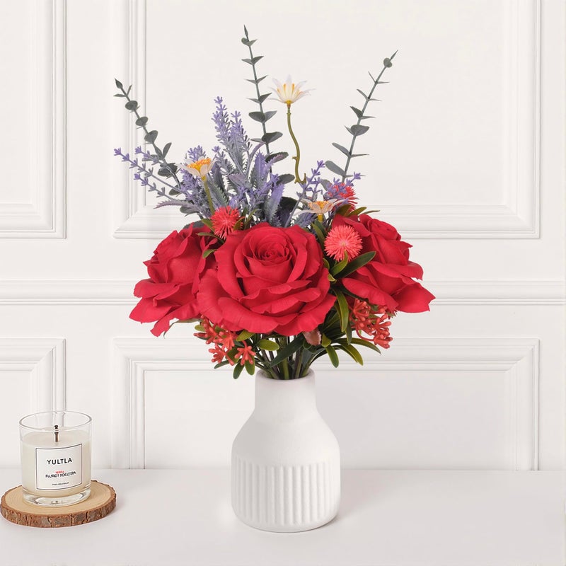 HEMYLU Artificial Flowers in Vase, Silk Roses Flowers Artificial Eucalyptus Lavenders Small Daisies and Fake Plants in White Ceramic Vase, Floral Centerpieces for Tables, Faux Flowers for Coffee Table Décor - Image 1