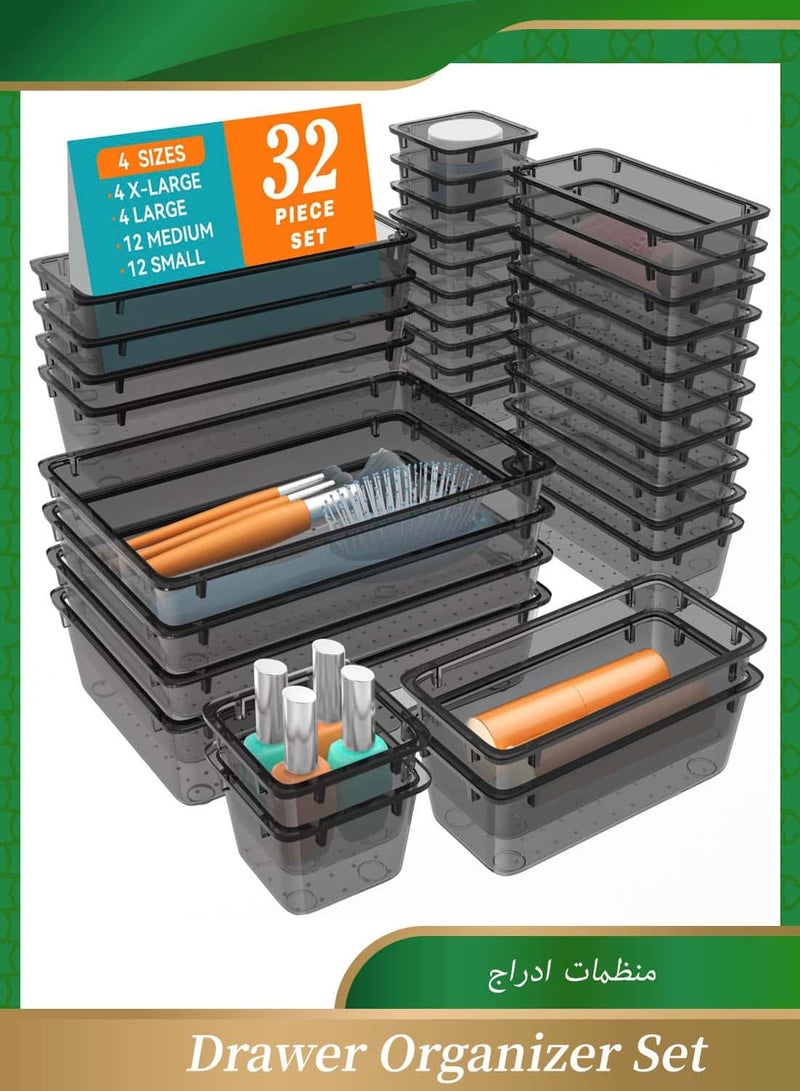 Anmi Premium 32-Piece Drawer Organizer Set, 4 Versatile Sizes | Multi-Purpose Clear Storage Bins for Makeup, Kitchen, Office & Jewelry | Durable & Stackable Desk Trays - Black - Image 1