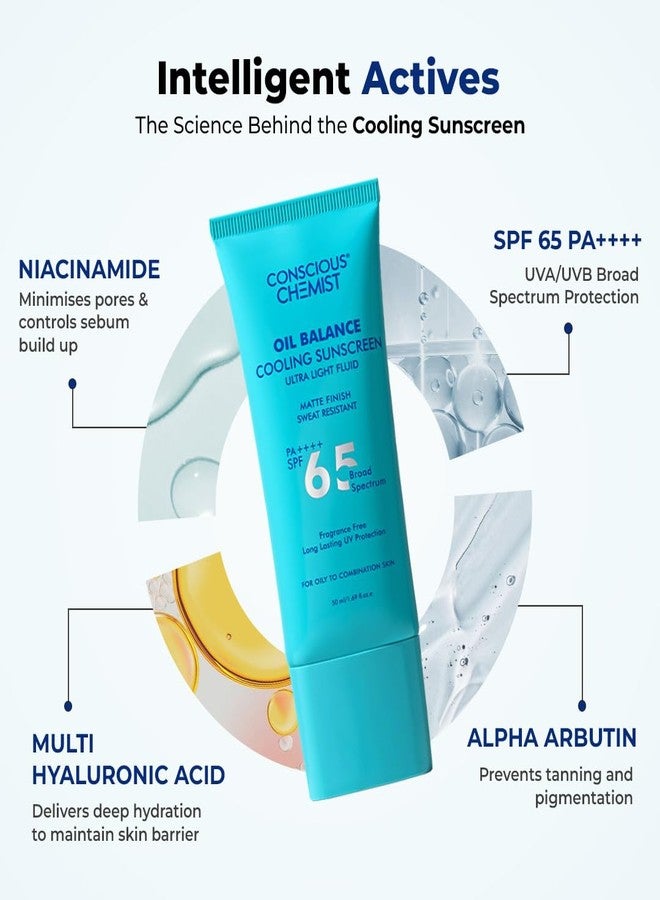 Conscious Chemist® Oil Balance Cooling Sunscreen SPF 65 PA++++ | In Vivo Tested | Gel Based Matte Finish with Niacinamide & Hyaluronic Acid, Sweat Resistant, Lightweight, UVA/UVB Protection | Men & Women, All Skin Type - 50ml - Image 3