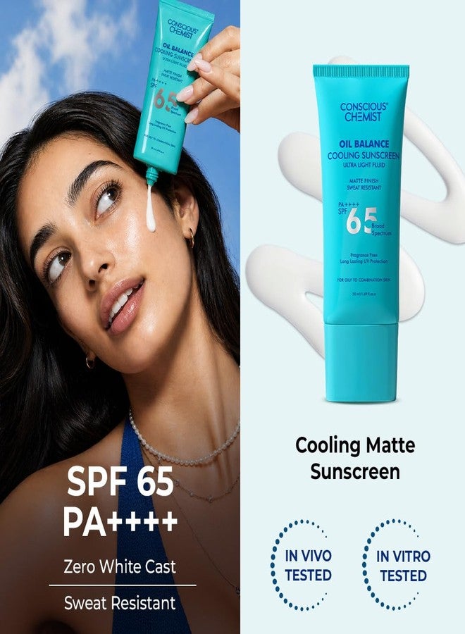 Conscious Chemist® Oil Balance Cooling Sunscreen SPF 65 PA++++ | In Vivo Tested | Gel Based Matte Finish with Niacinamide & Hyaluronic Acid, Sweat Resistant, Lightweight, UVA/UVB Protection | Men & Women, All Skin Type - 50ml - Image 1