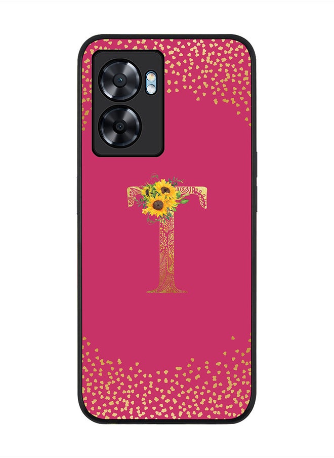 Stylizedd Rugged Black edge case for Oppo A57, Slim fit Rubber Edges Thin Cover -  Custom Monogram Initial Letter Mandala Floral Pattern Alphabet- T  (Dark Pink Rose )  - Image 1