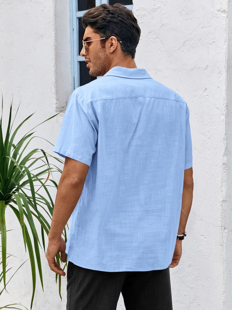 Runcati Mens Linen Cuban Guayabera Shirts Button Down Short Sleeve Shirt Cotton Hippie Summer Beach Vacation Shirts Sky Blue - Image 3