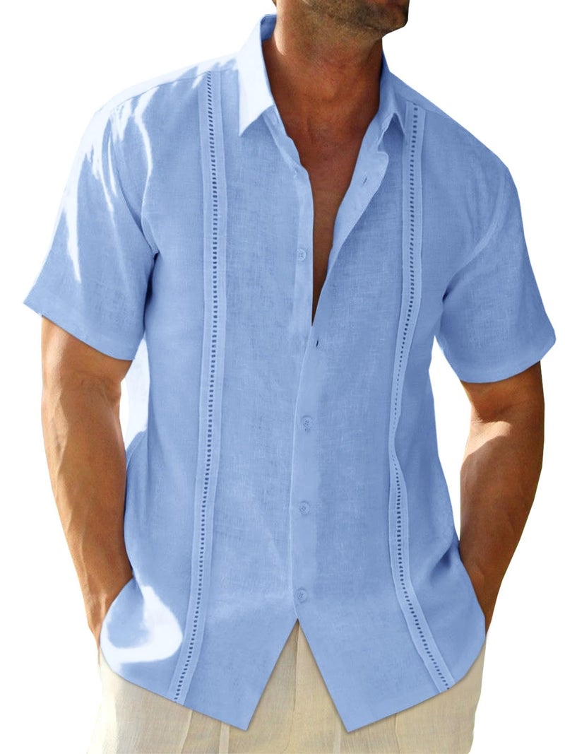Runcati Mens Linen Cuban Guayabera Shirts Button Down Short Sleeve Shirt Cotton Hippie Summer Beach Vacation Shirts Sky Blue - Image 1