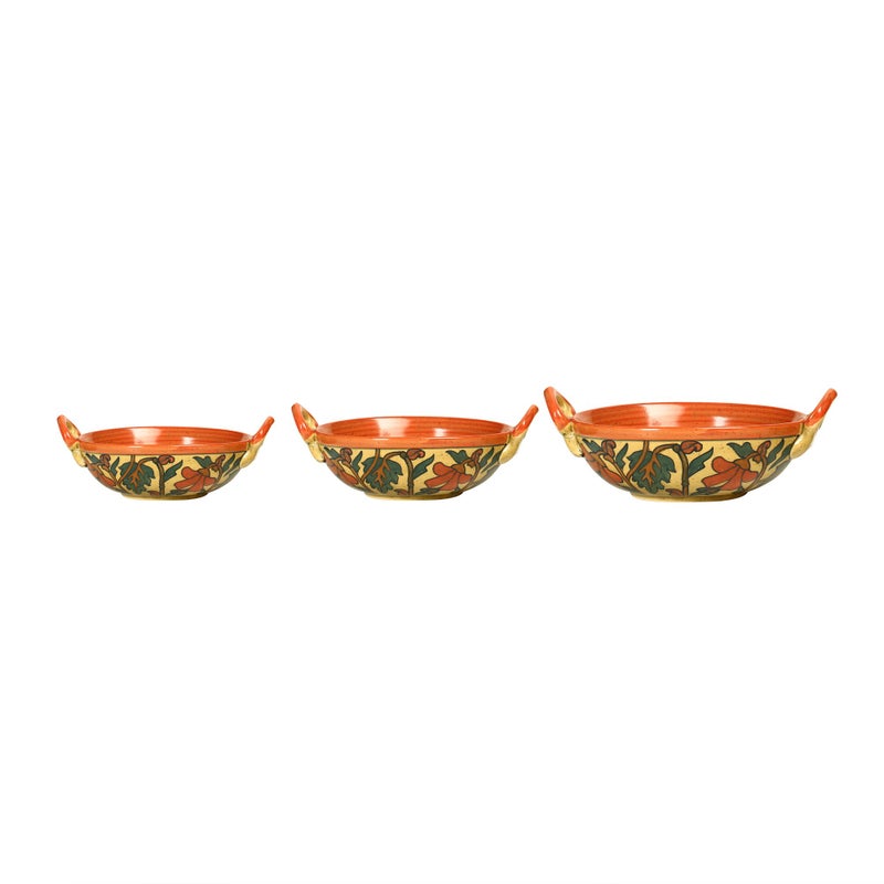 Caffeine Ceramic Handmade Orange kohbar Serving Kadhai (Set of 3) - Image 1