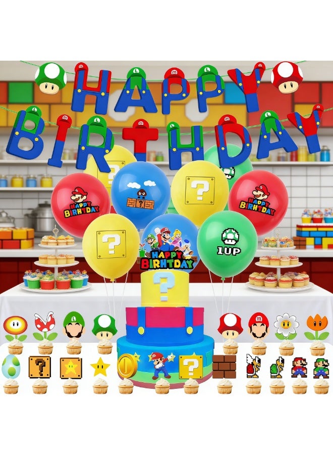 TAPIT Mario Birthday Party Supplies Party Decorations Set Include Banner Balloons Hanging Swirls Cake Cupcake Toppers Tablecloth for Boys Girls Mario Theme Party - Image 1