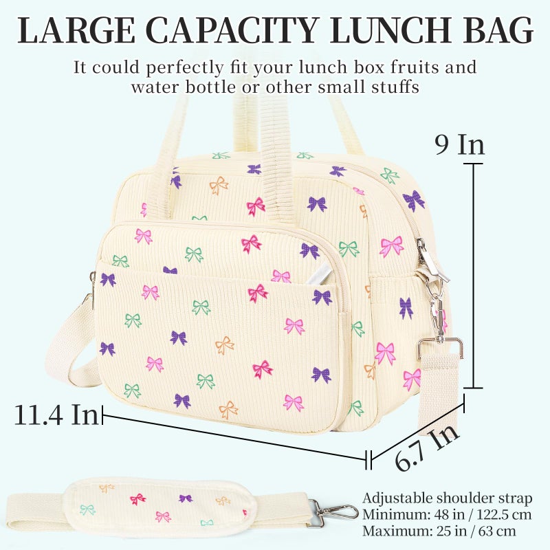 WOBAGMEN Lunch Box for Women,Insulated bow Corduroy Lunch Tote Cute Lunch bag with Shoulder Strap, Multiple Pockets, Adult Teacher Nurse Bento Lunch Box for Women for work Picnic - Image 2