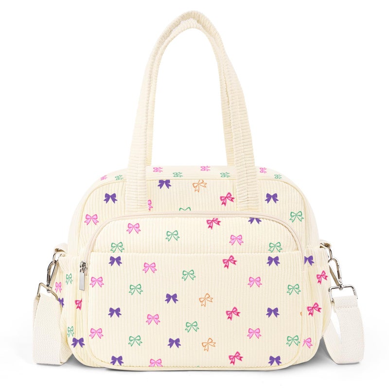WOBAGMEN Lunch Box for Women,Insulated bow Corduroy Lunch Tote Cute Lunch bag with Shoulder Strap, Multiple Pockets, Adult Teacher Nurse Bento Lunch Box for Women for work Picnic - Image 1