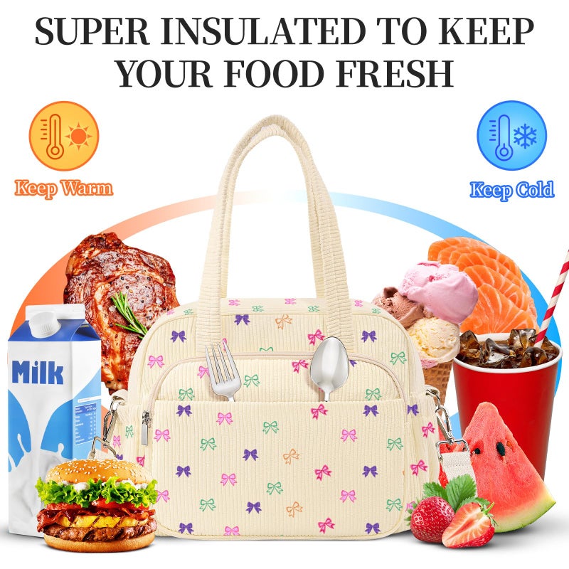 WOBAGMEN Lunch Box for Women,Insulated bow Corduroy Lunch Tote Cute Lunch bag with Shoulder Strap, Multiple Pockets, Adult Teacher Nurse Bento Lunch Box for Women for work Picnic - Image 5