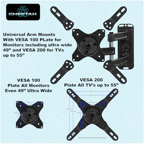 Cheetah TV Monitor Wall Mount for 12-55 Inch TVs up to 40lbs VESA 200x200mm, with 10ft HDMI Cable, TouchAdjust- Simply Grab, Adjust, Release Full Motion Swivel Tilt Bracket, Low Profile & Extends 15" - Image 2