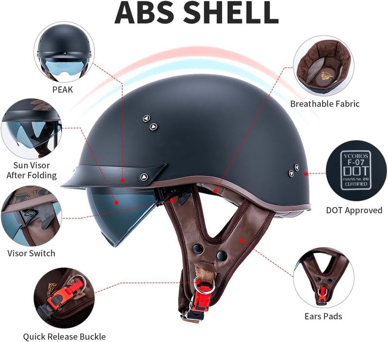 VCOROS Half Helmet Motorcycle DOT Approved Open Face Helmet with Sun Visor and Quick Release Buckle for Adults Men and Women (F02 Matte Black, L) - Image 2