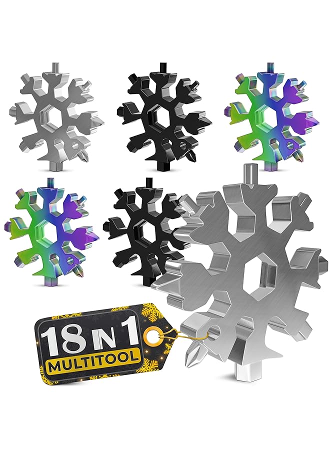 PROMASS promass 6 PCS 18-in-1 Stainless Steel Snowflake Multi-Tool Portable Keychain Screwdriver Bottle Opener Tool for Outdoor Camping - Bicycle Multitools Cool Gadgets Gift Idea (Silver, Multicolor, Black)  - Image 1