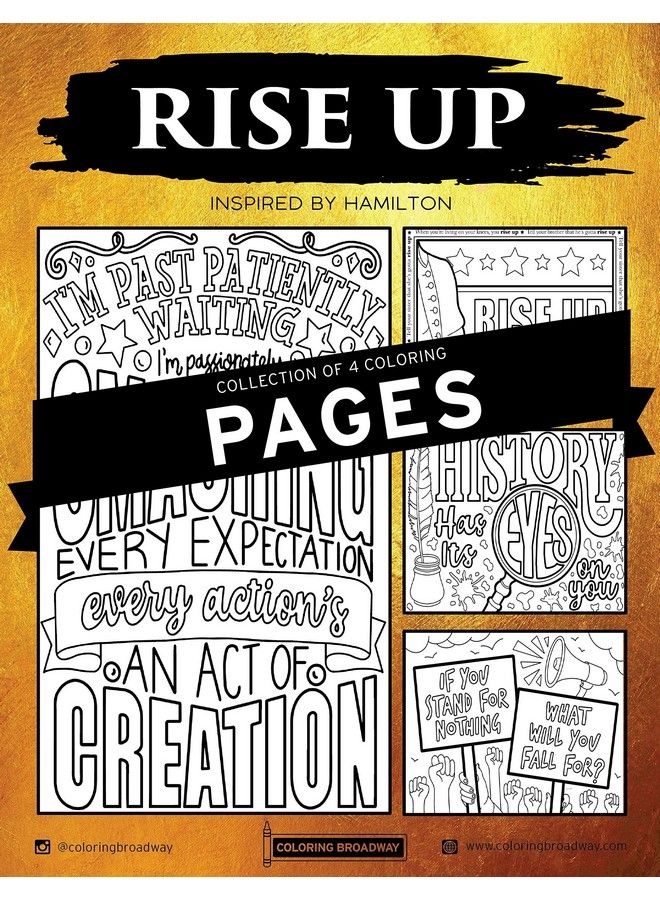 Coloring Broadway Hamilton ; “Rise Up” Collection ; Coloring Pages By Coloring Broadway ; Hand Drawn Illustrations Printed On Matte Card Stock (8.5" X 11") Set Of 4 Individual Pages - Image 1