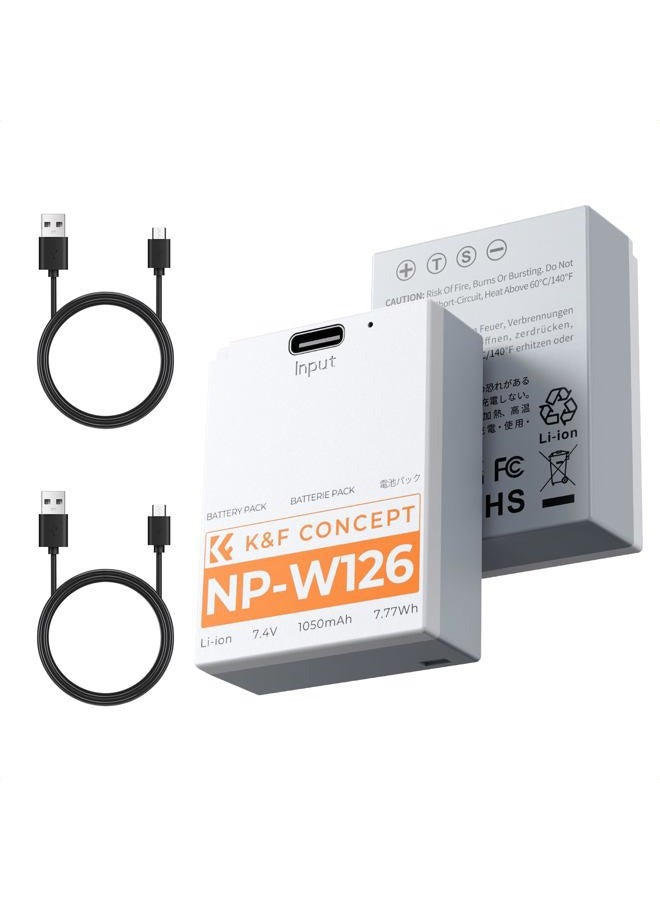 K&F Concept بطارية قابلة لإعادة الشحن مباشرة K&F Concept NP-W126 NP-W126S سعة 1050 مللي أمبير مع منفذ USB-C، متوافقة مع Fujifilm X100VI، X100V، XS10، XT30، XT30 II، XT20، XE4، A5، عبوة من 2 بطاريات - Image 1
