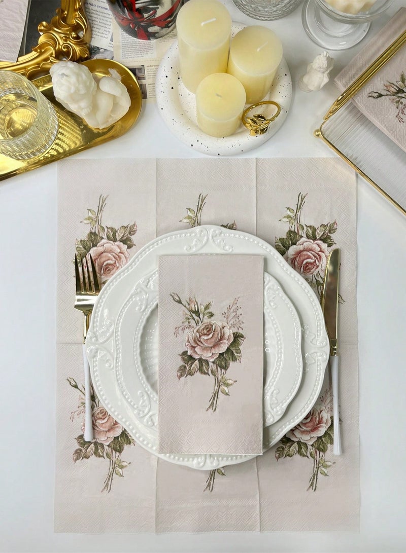 20pcs Retro Rose Flower Pattern Napkins For Wedding, Birthday, Tea Party Decoration, 15.7x13inch, Dining Table Accessory For Restaurant & Hotel  - Image 1