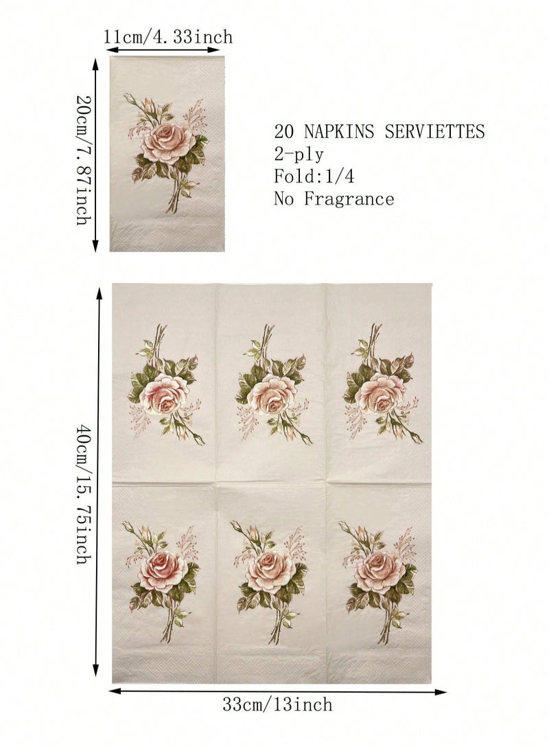 20pcs Retro Rose Flower Pattern Napkins For Wedding, Birthday, Tea Party Decoration, 15.7x13inch, Dining Table Accessory For Restaurant & Hotel  - Image 2