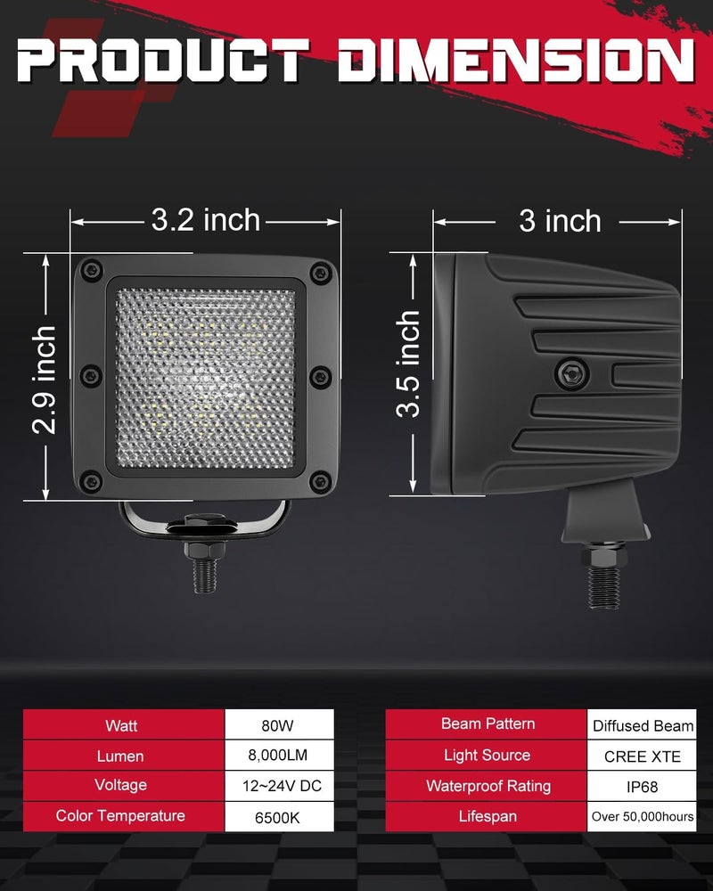 OFFROADTOWN LED Cubes, 3 Inch 80W CREE LED Pods Camper Lights Backup Reverse Work Light for for Trucks RV UTV SUV ATV Pickup Boat - 2Pcs Diffuse Beam - Image 2