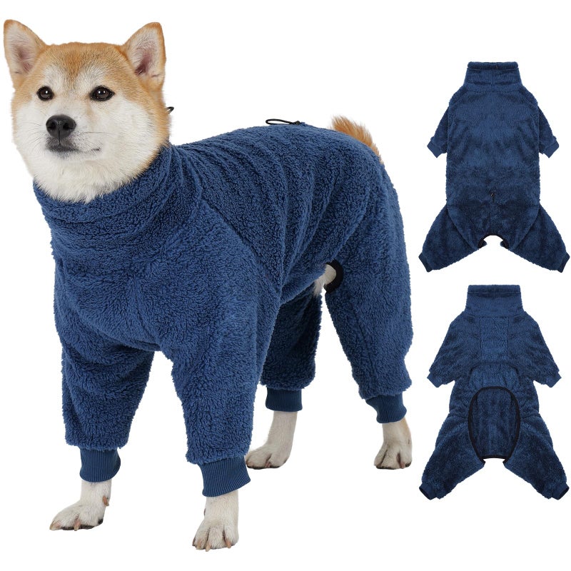 ROZKITCH Dog Full Body Winter Coat Cold Weather Jacket with Harness Opening, Pet Fleece Pajamas with Stretchy Legs & No-Zip Design Snug Fit for Small Breeds Blue M - Image 1