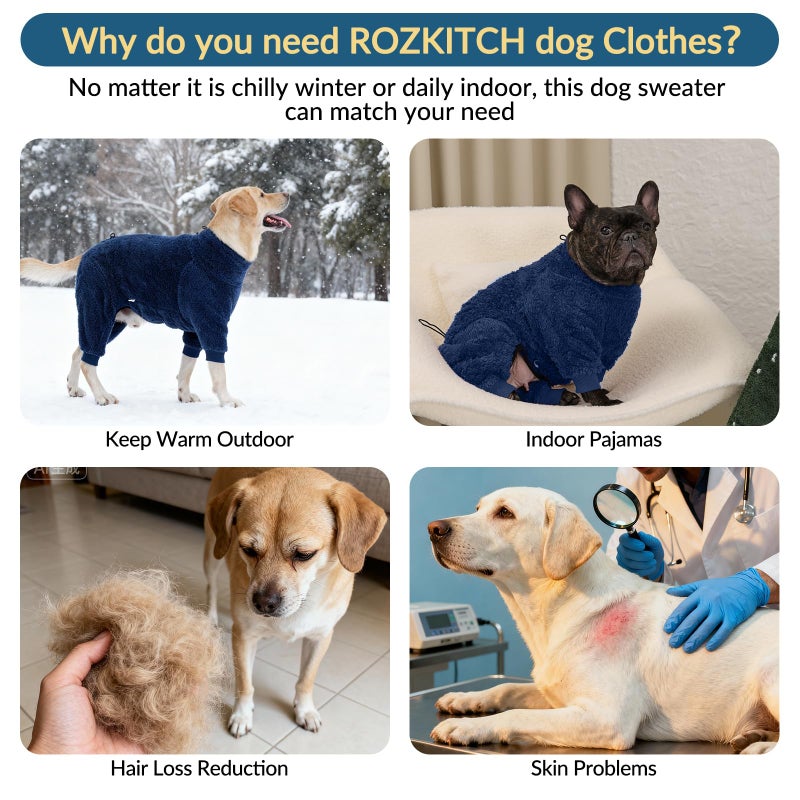 ROZKITCH Dog Full Body Winter Coat Cold Weather Jacket with Harness Opening, Pet Fleece Pajamas with Stretchy Legs & No-Zip Design Snug Fit for Small Breeds Blue M - Image 4